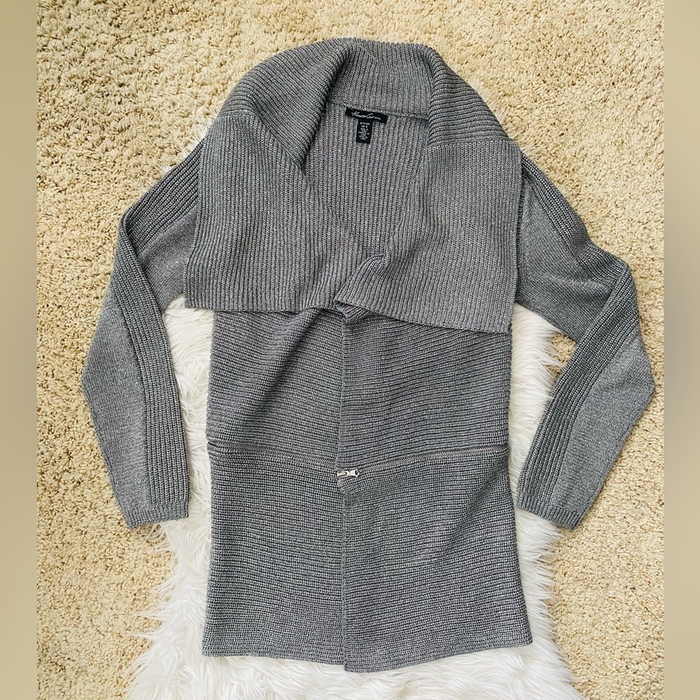 {Kenneth Cole} Maribeth Knit Sweater Cardigan in Metallic Silver - Women’s Small
